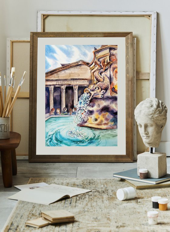 Fountain at the Pantheon - italian cityscape original watercolor