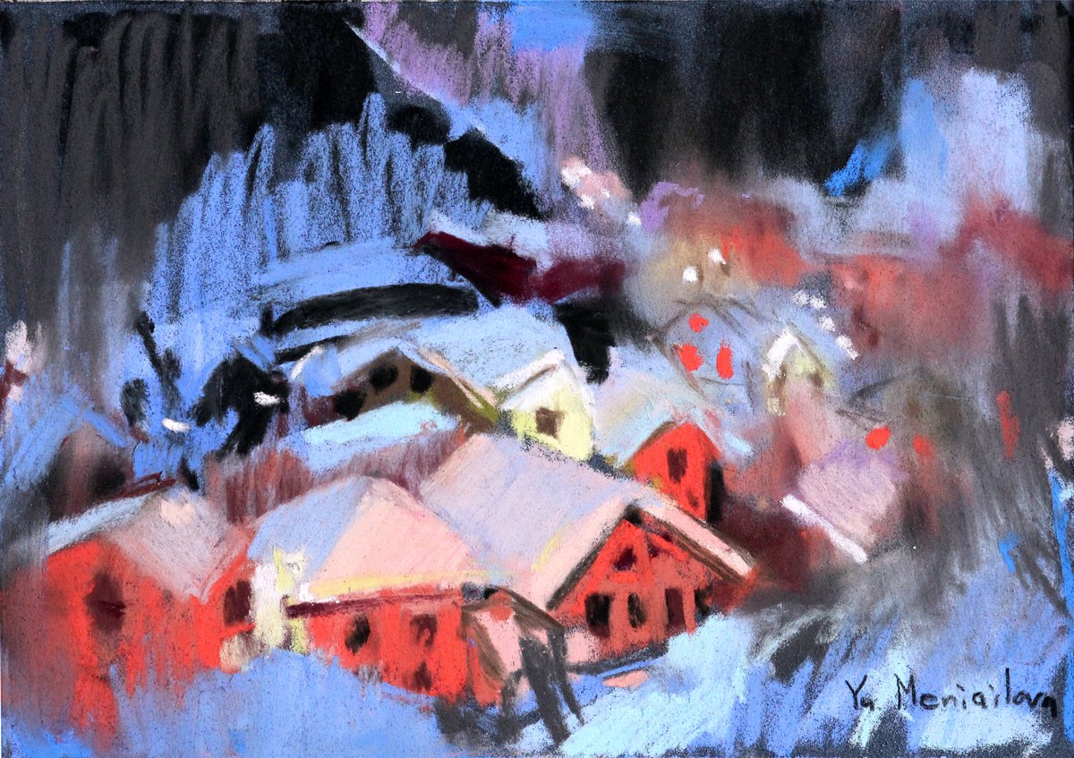 Christmas pastel original painting 13x18 by Yuliia Meniailova