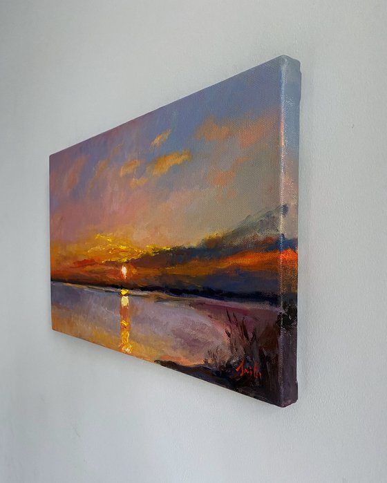 Fiery Sunset over The Sea. Original Oil Painting on canvas ready to hang.