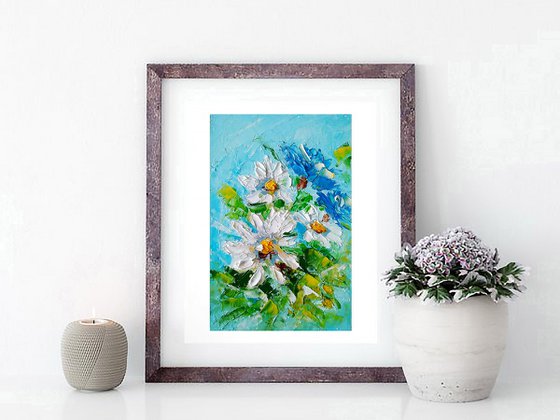 Daisy Painting Floral Original Art Small Flower Artwork Forget Me Not Wall Art