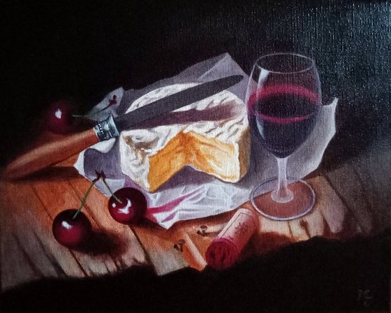 "Still life with cheese and cherries", original oil painting