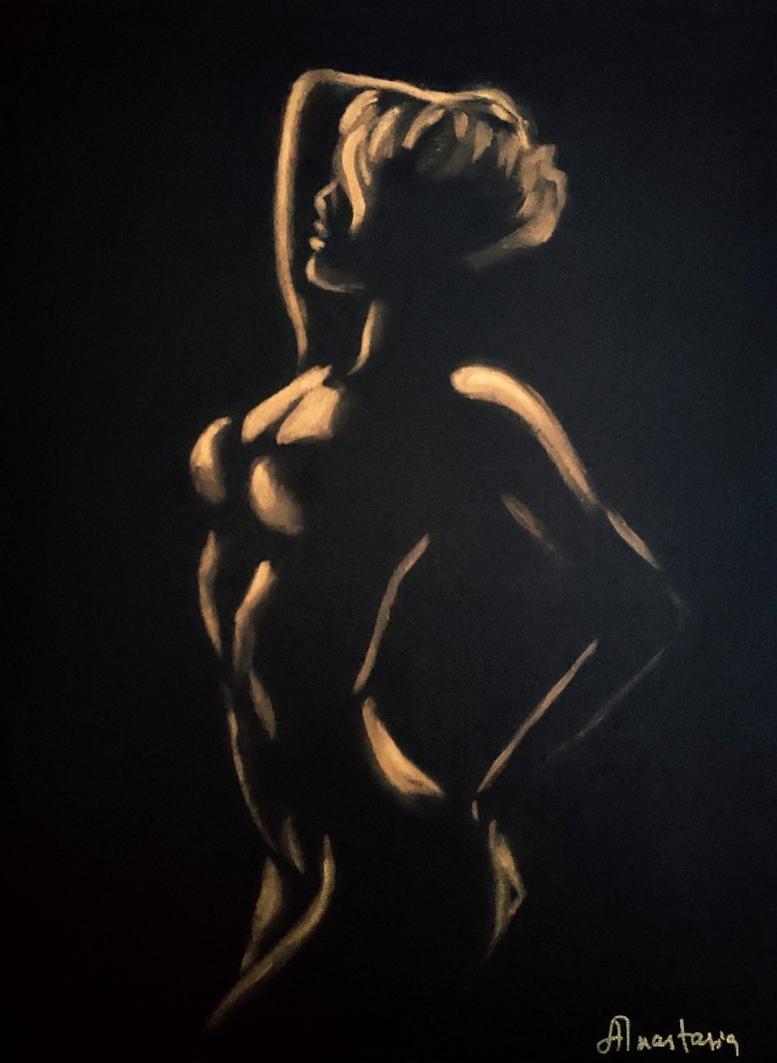 Black Art Acrylic Painting Woman Figure Black Gold Modern Art Dark Fantasy by Anastasia Art Line