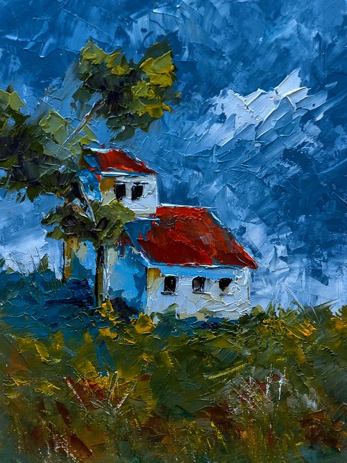 Small oil painting with house in landscape. Palette knife landscape artwork by Marinko Šaric