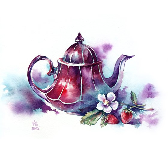 Modern still life "Tea drinking with strawberries" original watercolor sketch