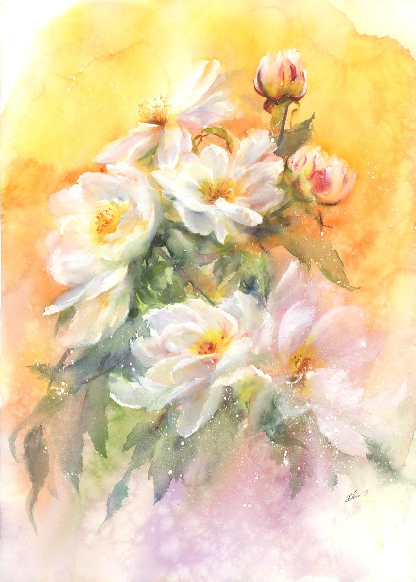 Expressive Botanical Watercolour By Cecilia Xiao, 15 X 22, 5 White Peonies, Original Artwork