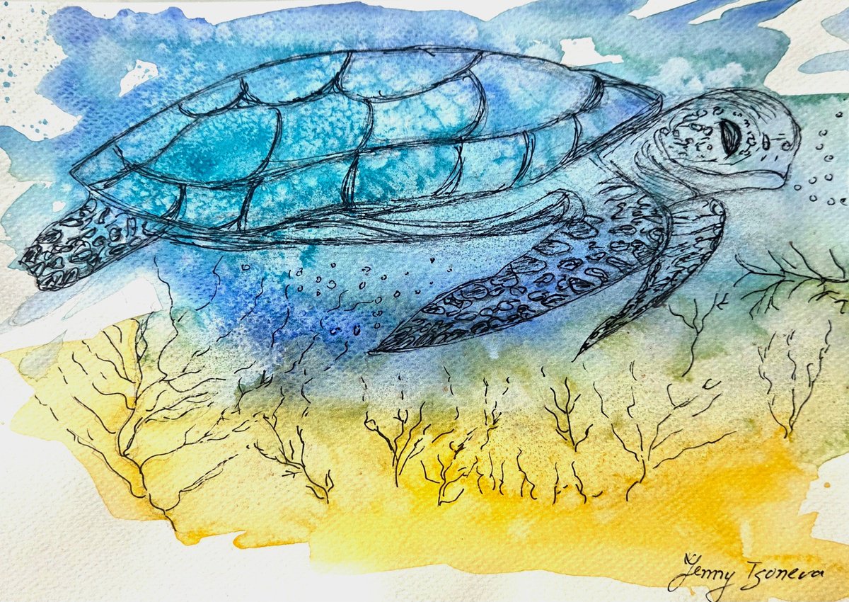Blue Turtle By Jenny Tsoneva, 16 X 12, Artwork For Sale On Artfinder