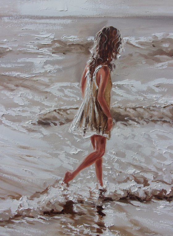 " A WALK ... " SUN SKY SEA SAND liGHt  ORIGINAL OIL PAINTING, GIFT, PALETTE KNIFE