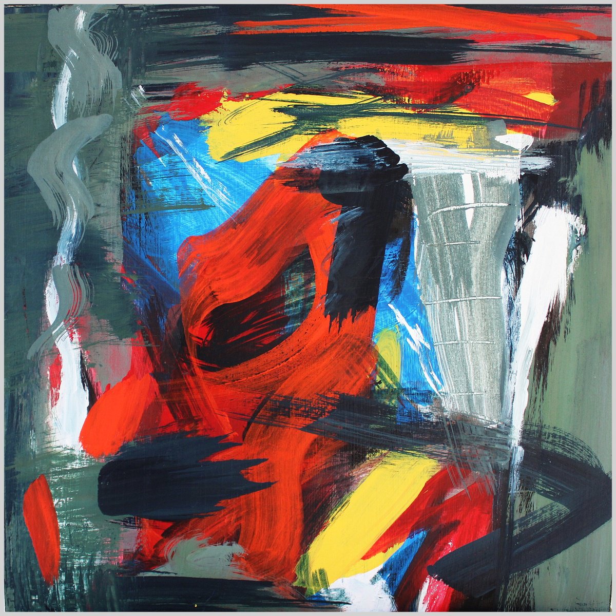 Expressive Abstract Acrylic Painting By Victorine Follana, 13 X 13", Rouge Vif, Original Artwork