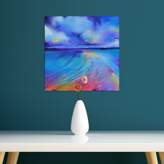 New Horizon 166 - 40x40 cm, Colourful Seascape, Sunset Painting, Impressionistic Colorful Painting, Large Modern Ready to Hang Abstract Landscape, Pink Sunset, Sunrise, Ocean Shore