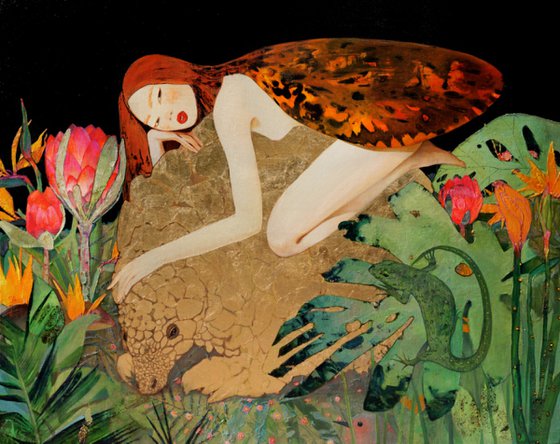 Redhead fairy and golden pangolin / Painting by Anastasia Balabina