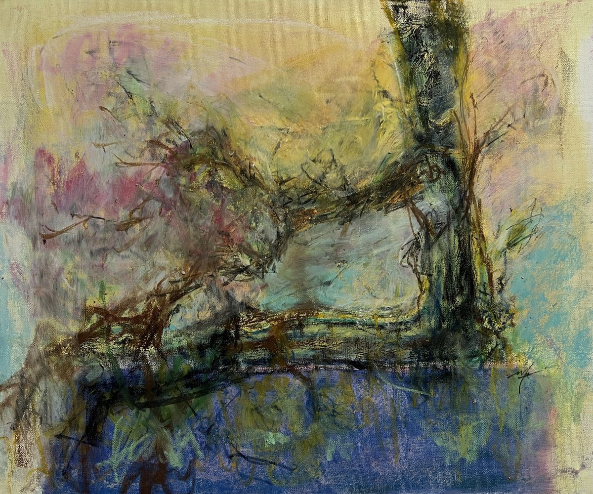 Impressionistic Botanical Oil Painting By Maxence Ma, 18 X 15", Colorful Branch, Original Artwork