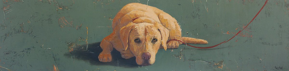 Expressive Animal Oil Painting By Tomasa Martin, 39 X 10", Waiting For, Original Artwork