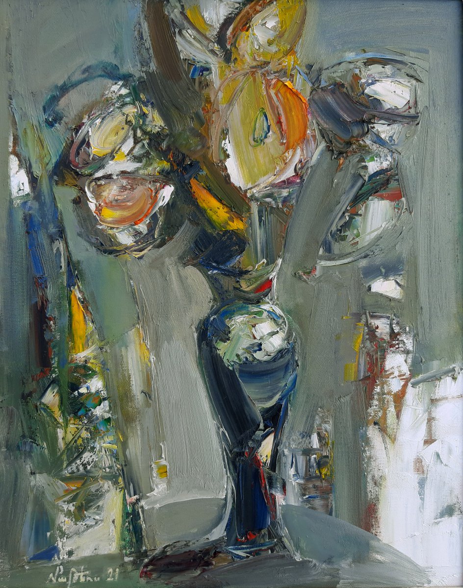 Abstract flowers in vase-3 (40x50cm, oil painting, palette knife) by Mateos Sargsyan
