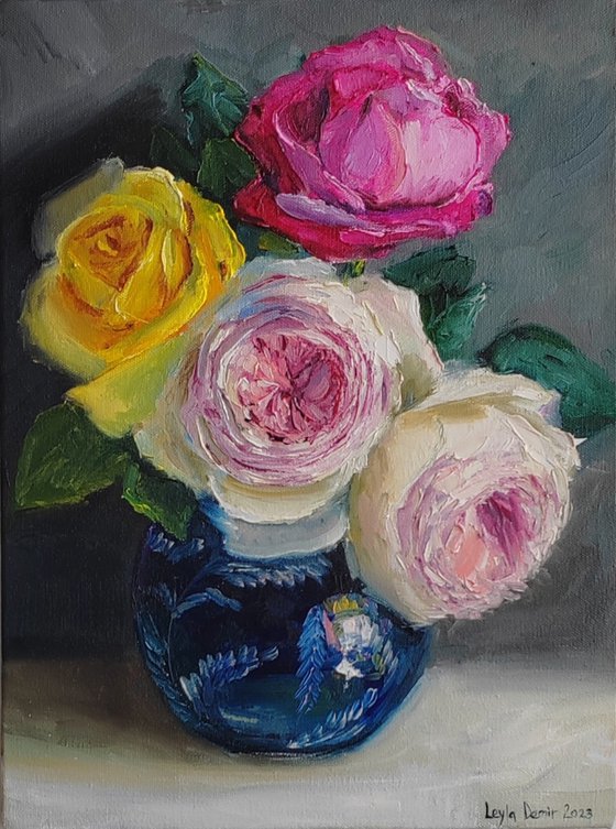 Pink and white roses bouquet in porcelian vase oil painting original still life 12x16"