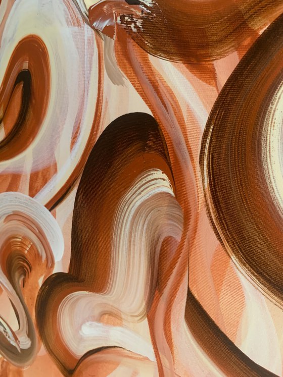 Swirls. White brown ribbons large Abstract Art.