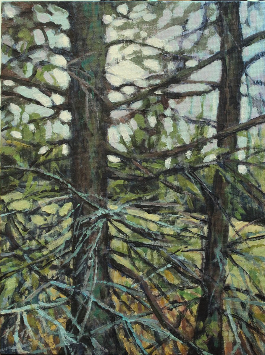 Impressionistic Landscape Acrylic Painting By Joanna Plenzler, 7 X 9, Forest Clearing, Original Artwork