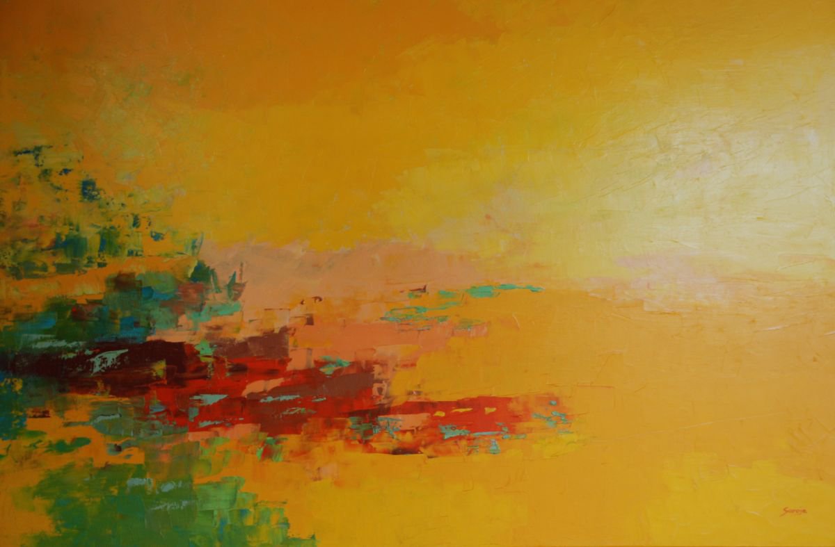 Abstract Landscape Oil Painting By Saroja Van Der Stegen, 47 X 33", Yellow Beach (Ref#:358-50P), Original Artwork