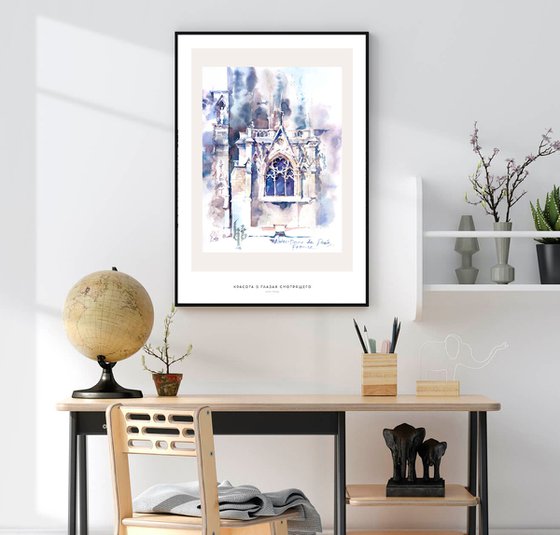 "Gothic window of the cathedral of notre dame in Paris, France"  architectural landscape - Original watercolor painting