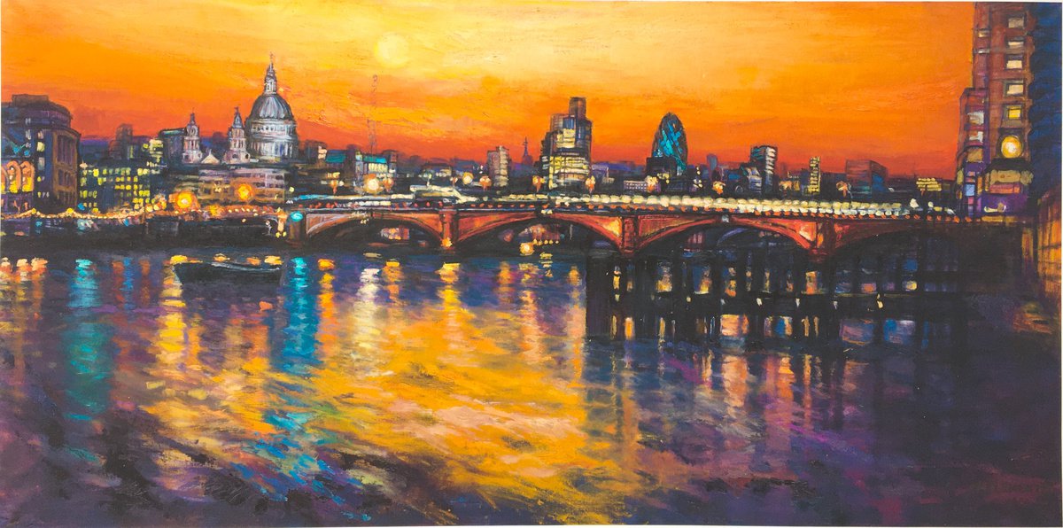 Impressionistic Cityscapes Giclee Print By Patricia Clements, 32 X 16", Sunset Blackfriars Bridge, Original Artwork