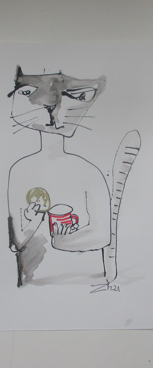 crazy cat needs coffee 8,2 x 11,4 inch unique mixedmedia drawing by Sonja Zeltner-Müller