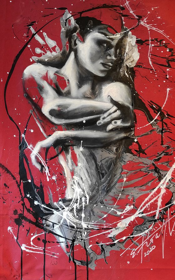 "Flamenco red" 45x75x2cm, original oil and acrylic large painting on fabric.Ready to hang.