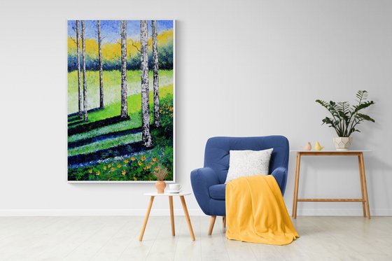 Yellow-and-Orange-Daffodils-Growing-in-a-Woodland. Birch trees .Huge size! EXCLUSIVE !!!! A unique offer! Original oil on canvas + book