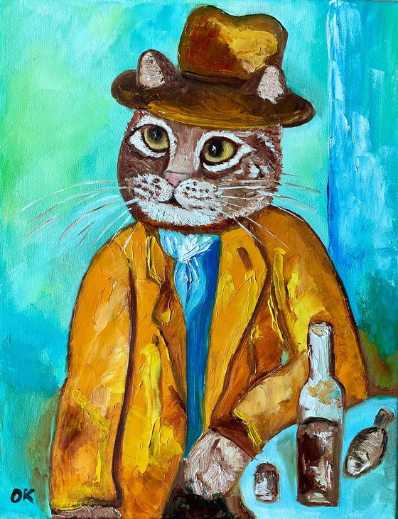 Cat  with a wine glass  inspired by portrait of Amedeo Clemente Modigliani