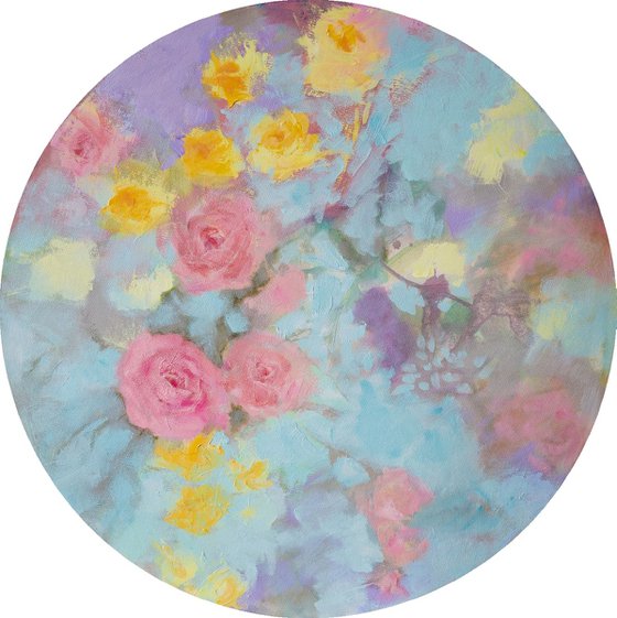 Romantic floral tondo - atmospheric abstract on circular canvas