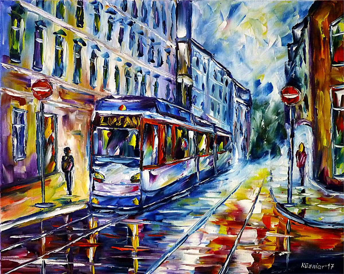 Expressive Cityscapes Oil Painting By Mirek Kuzniar, 20 X 16", Tram In Gera, Original Artwork