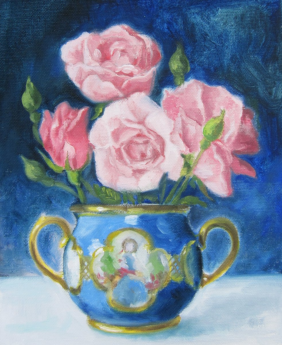 Illustrative Botanical Oil Painting By Sophie Colmer-Stocker, 8 X 10", Roses In Small Pot, Original Artwork