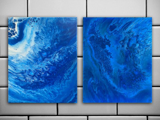 "I Got The Blues" - Save As A Series - Original PMS Abstract Diptych Fluid Acrylic Paintings On Canvas - 32" x 20"