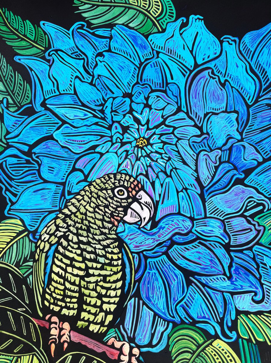 Illustrative Linocut , Blue Dahlia By Laurel Macdonald, 18 X 24, Artwork For Sale On Artfinder