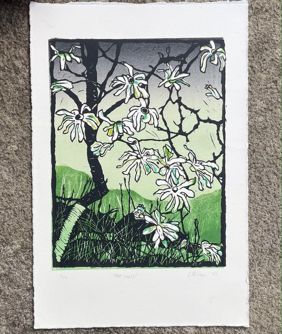 The Melt - Magnolia Blossom Contemporary Linocut Print