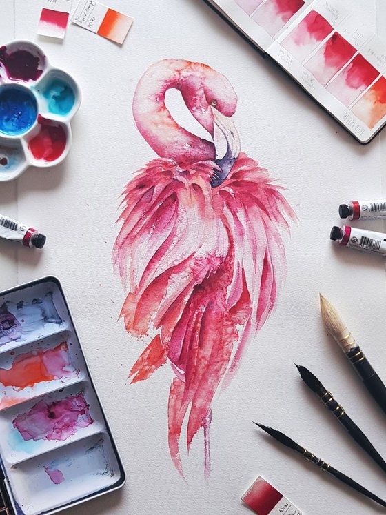 Pink flamingo art, wildlife, birds watercolours