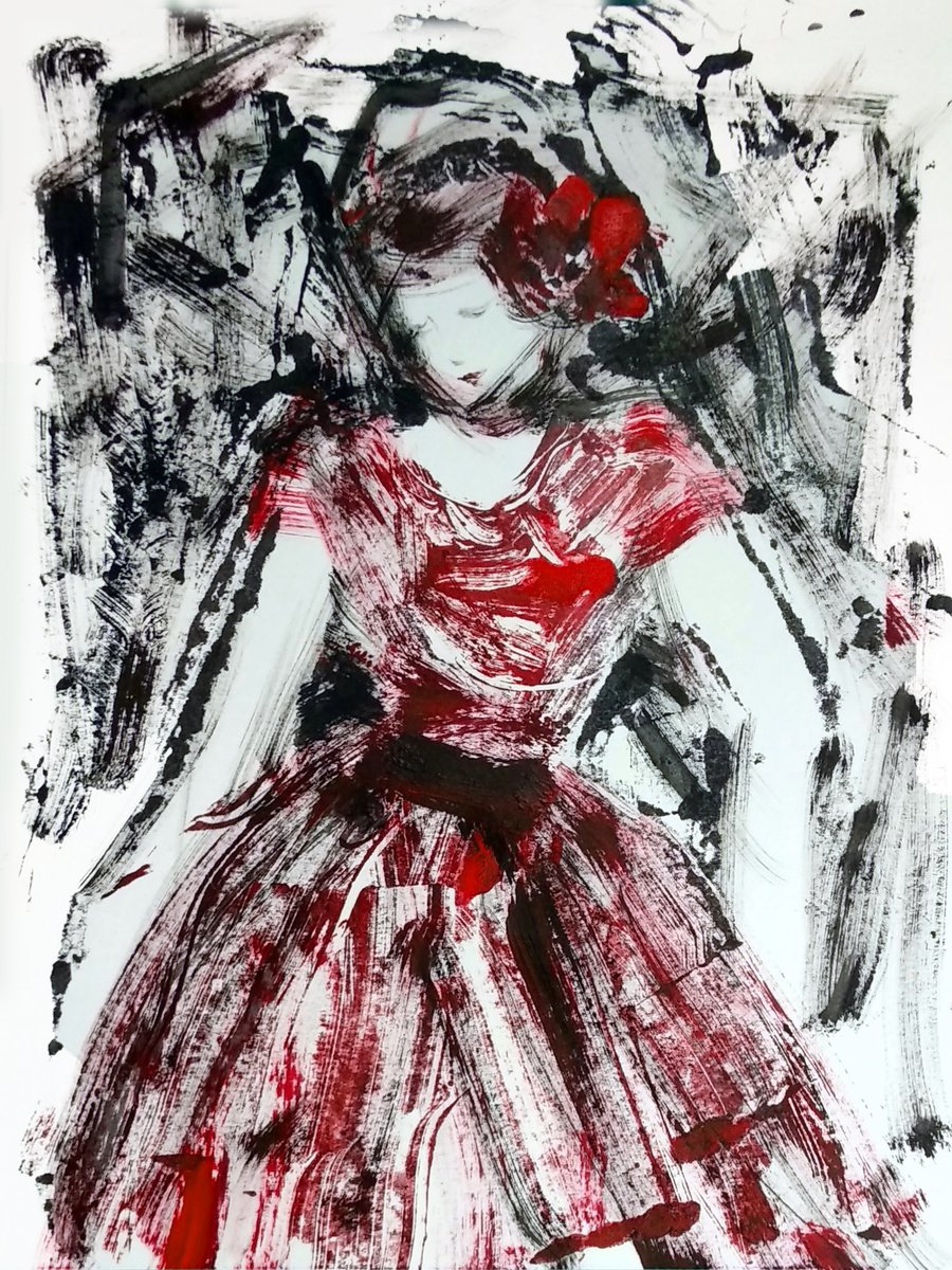 Woman in Red 3 Woman waiting - Monoprint by Asha Shenoy
