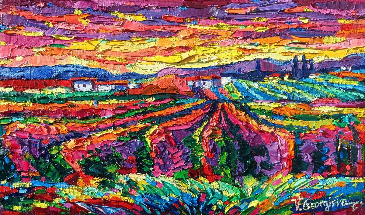 Expressive Landscape Oil Painting By Vanya Georgieva, 20 X 12", Golden Vineyards 3, Original Artwork