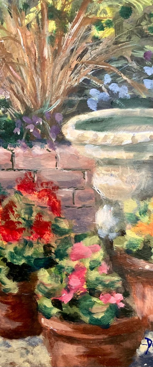 Birdbath with flower pots by David Mather