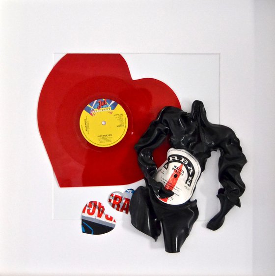 Wall Mounted White Box Framed Vinyl Music Record Sculpture with Red Love Heart