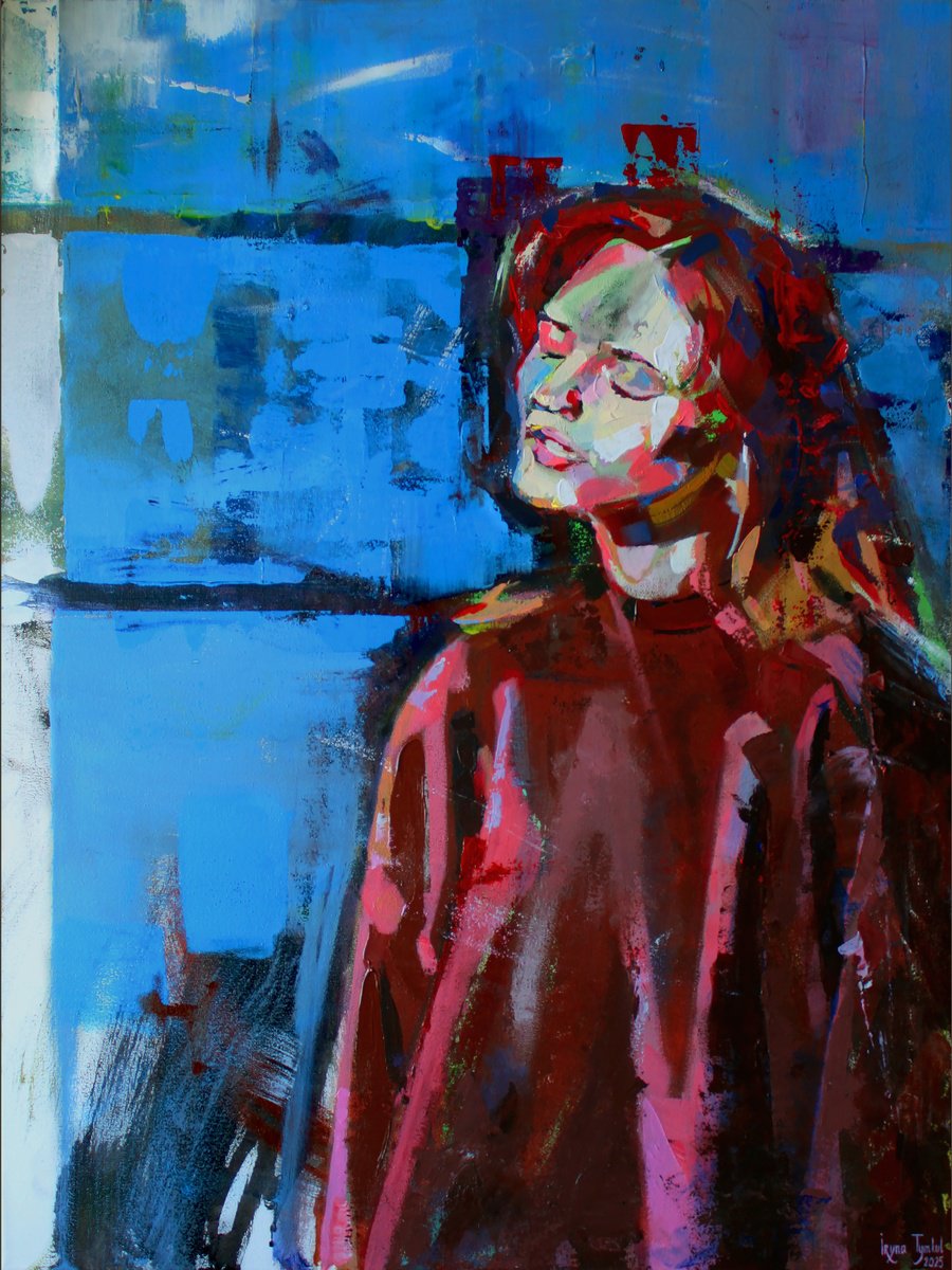 Expressive Portrait Acrylic Painting By Iryna Tymkul, 24 X 31, Song Flows Over The Mountains, Original Artwork