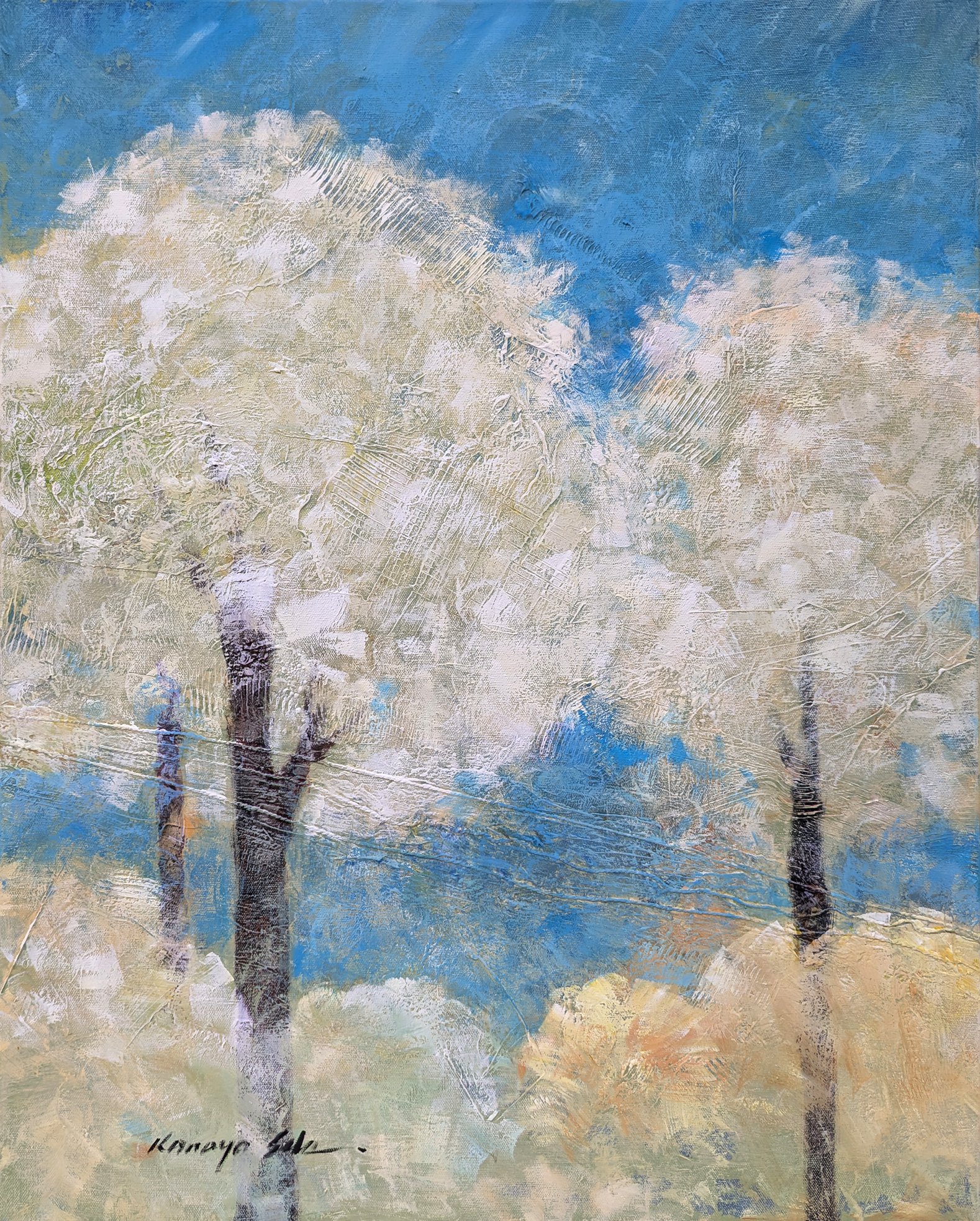 Impressionistic Landscape Acrylic Painting By Kanayo Ede, 24 X 30", Cotton Trees, Original Artwork