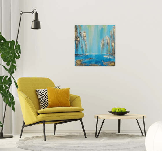 A large modern structured semi-abstract mixed-media painting "Waterfall"