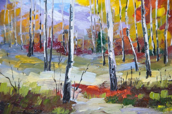 Birches. Oil painting. Forest landscape. Miniature. 6 x 6 in.