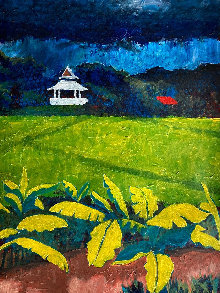 Impressionistic Landscape Acrylic Painting By John Cottee, 22 X 30, Approaching Storm With Bananas, Original Artwork