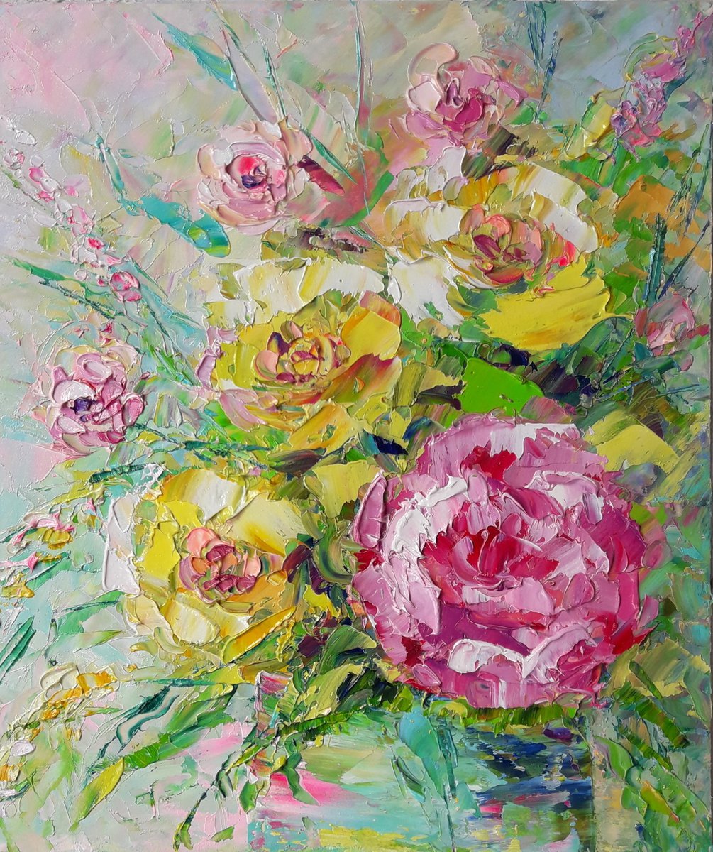 painting Bouquet of flowers Painting Original Art Oil Impasto Artwork Painting Pink Yello... by Kseniya Kovalenko