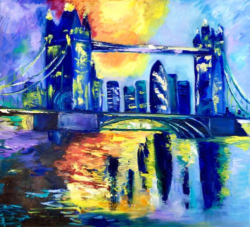 London night, Tower bridge, impressionism.City of London, River Thames, water reflections, sunset, palette knife painting,   variations of blue colours: ultramarine, navy blue, turquoise, sky blue, cobalt, palette knife original artwork. by Olga Koval