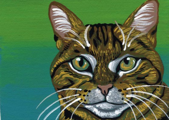 ACEO ATC Original Miniature Painting Brown Tabby Cat Pet Feline Art-Carla Smale