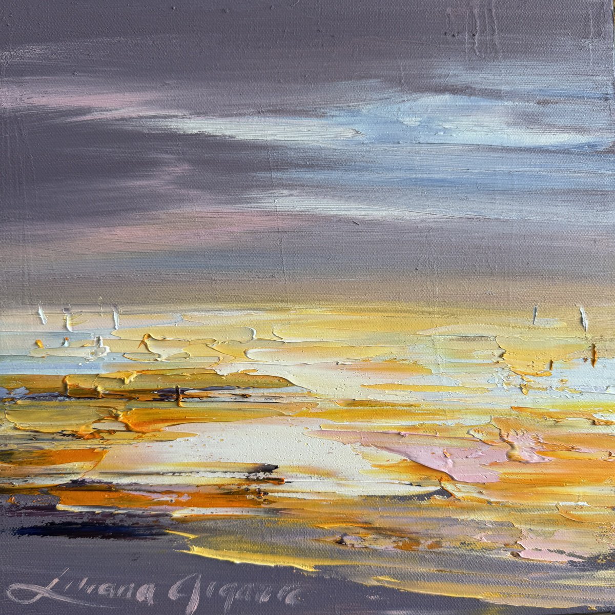 Impressionistic Landscape Oil Painting By Liliana Gigovic, 12 X 12", Golden Sunrise No 11, Original Artwork