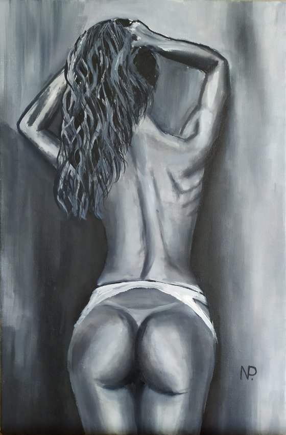 In dreams, erotic nude oil painting, Gift idea, black and white oil painting