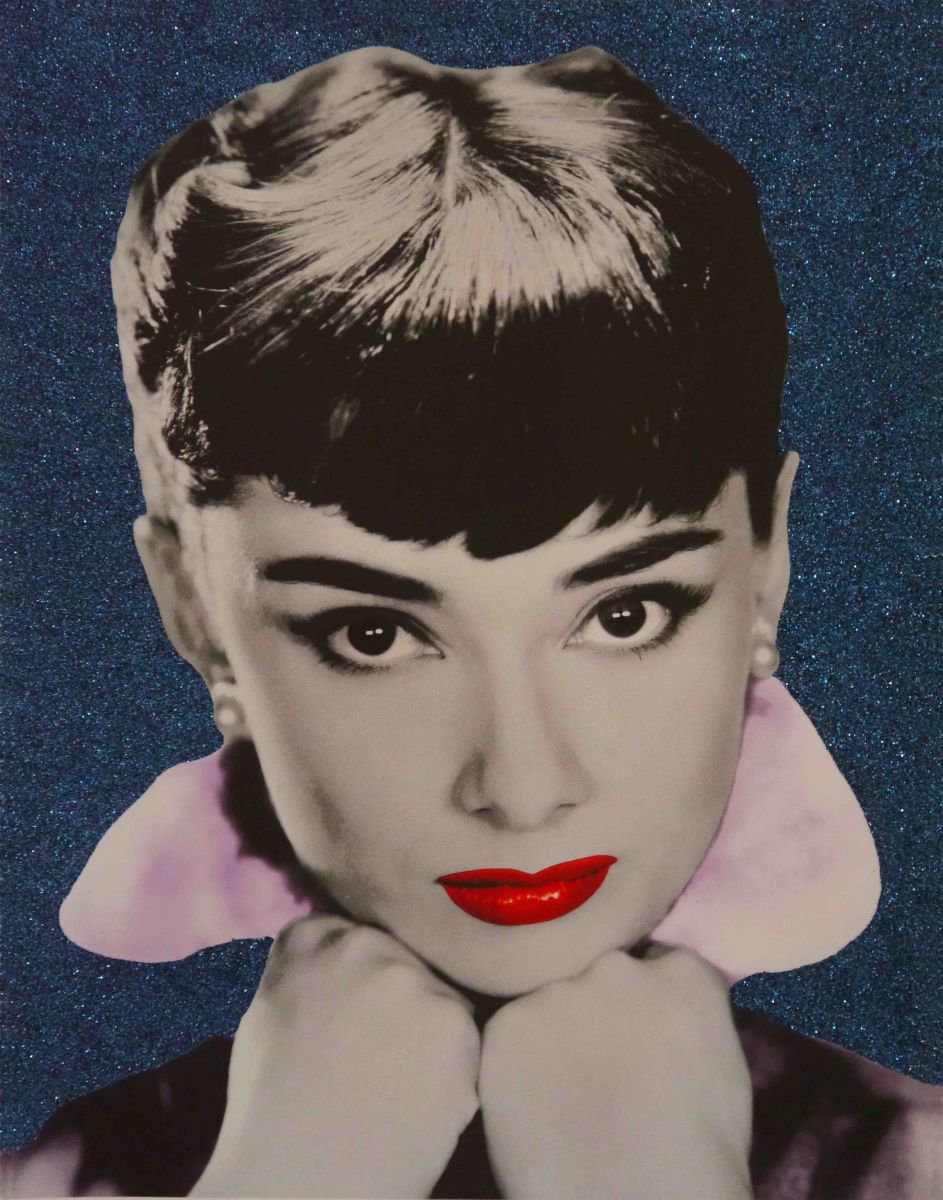 Urban And Pop Portrait Screenprint By David Studwell, 21 X 29, Audrey Hepburn Ii (With Blue Glitter), Original Artwork