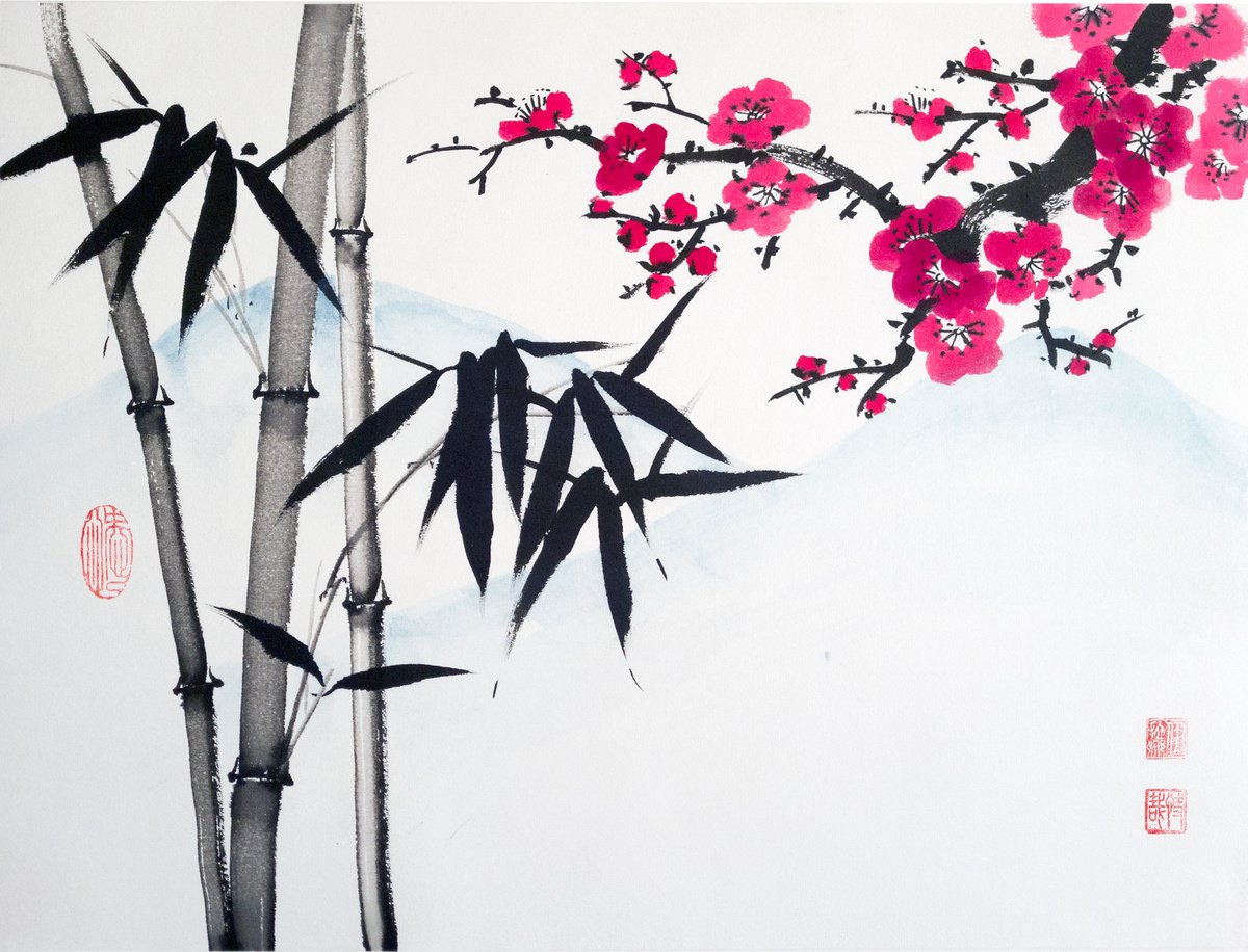 Bamboo and red plum with the background of a mountain - Oriental Chinese Ink Painting by Ilana Shechter